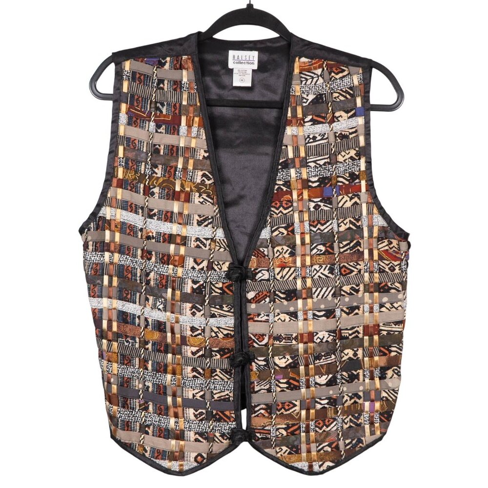 Halsey Collection Woven Patchwork Vest M Womens Brown Yellow Gray Beige Rayon